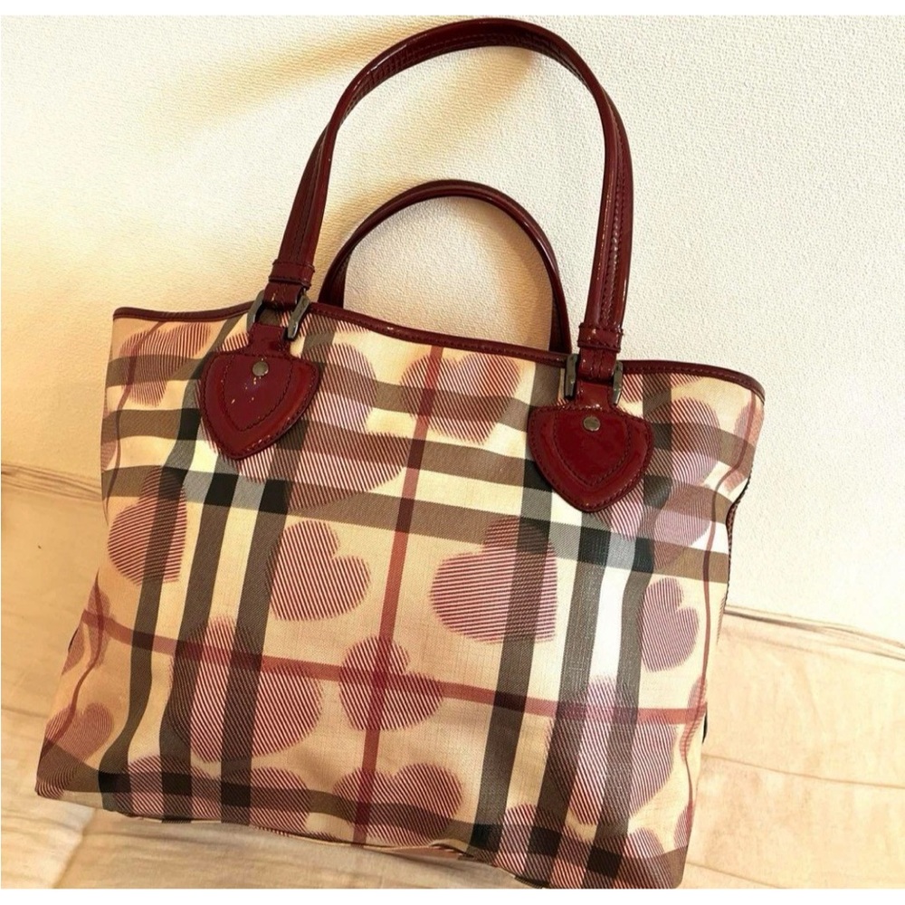 Burberry Plaid Heart Tote Bag Handbag Purse in Red USED very good condition